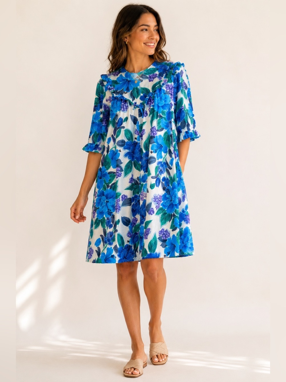 Vintage 60s Kamehameha Hawaiian Muumuu Dress Blue Floral Ruffle Neck L
